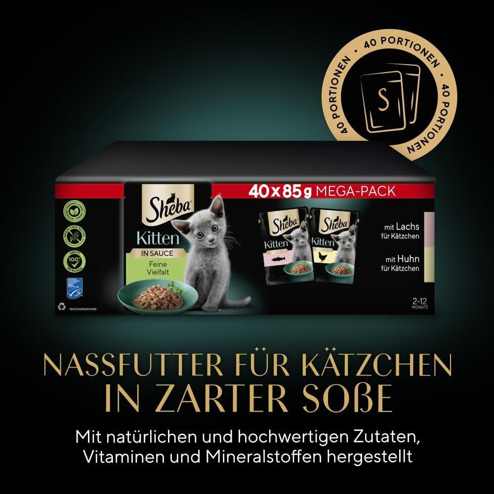 Sheba alimento umido per gattini, in bustine assortite, con salmone (MSC) e pollo in salsa, multipack 40x85g