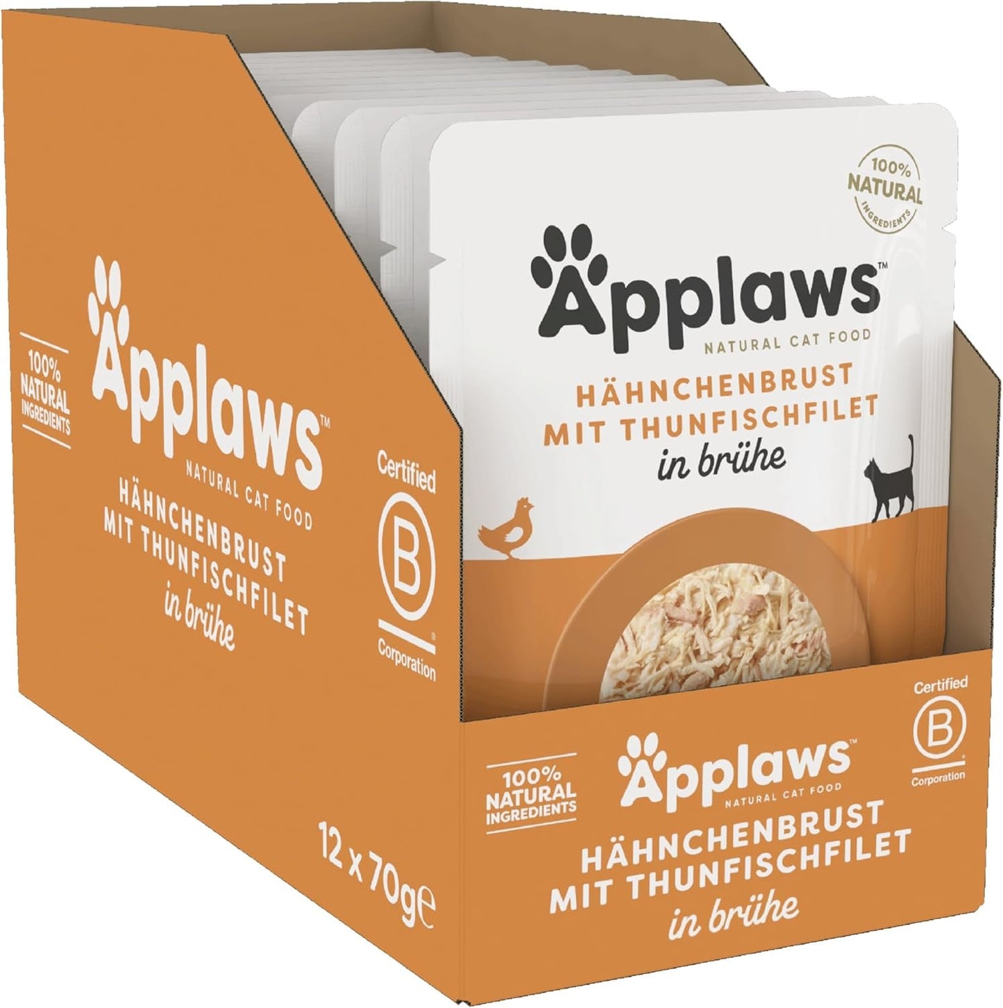 Applaws 100% naturale Nassfutter für Katzen, Hühnerbrust mit Tunfischfilet in Brühe - Packung mit 12 x 70g Beuteln