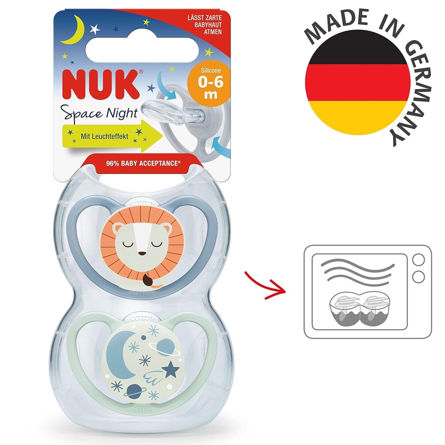 Ciucci NUK Space Night, 0-6 mesi, prese d'aria extra large, si illuminano al buio, silicone senza BPA, volpe e coccinella, confezione da 2