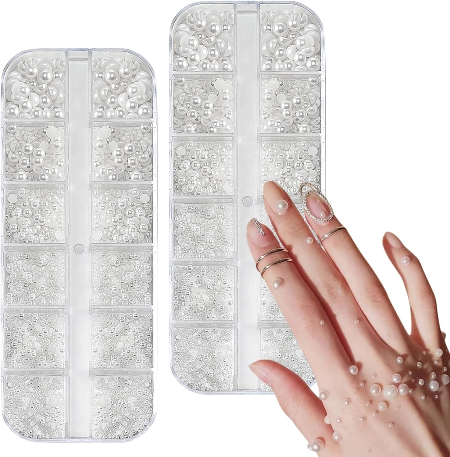 12 Größen Nail Art Perlen, Flache Perlen, Nail Art Accessori, Halbkreis Nagelperlen, Weiße Nail Charms Und Glitzersteine ​​​​Nägel Für Nail Art Design, DIY Basteln, Alltag, Hochzeit (2 Boxes)