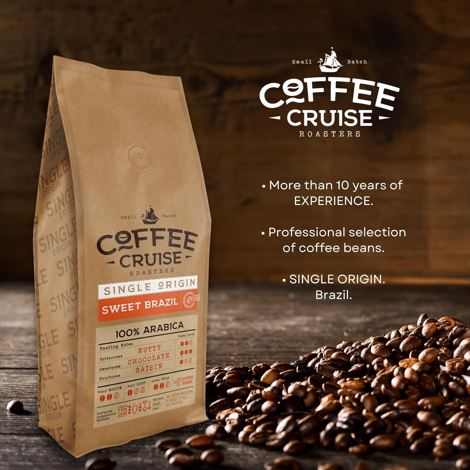 COFFEE CRUISE Sweet Brazil Brasilianische Kaffeebohnen 1kg - Mittlere Röstung - Aroma Kakao und Schokolade - Für All Kaffeemaschinen - 100% Arabica