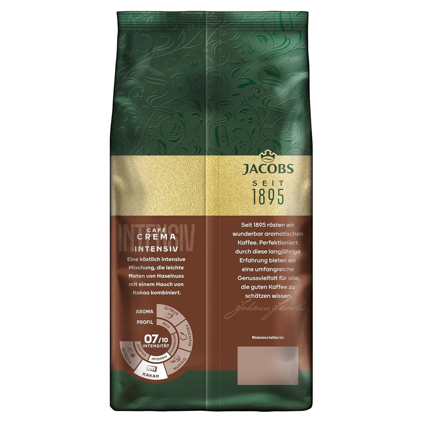 Jacobs Kaffeebohnen Café Crema Intense, intensivo con Kakao- & Nussnote, geröstet a Brema, Intensität 7/10, Kaffee ganze Bohnen, 1 kg