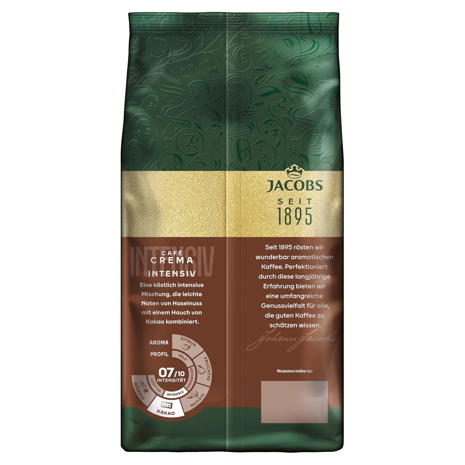 Jacobs Kaffeebohnen Café Crema Intense, intensivo con Kakao- & Nussnote, geröstet a Brema, Intensität 7/10, Kaffee ganze Bohnen, 1 kg