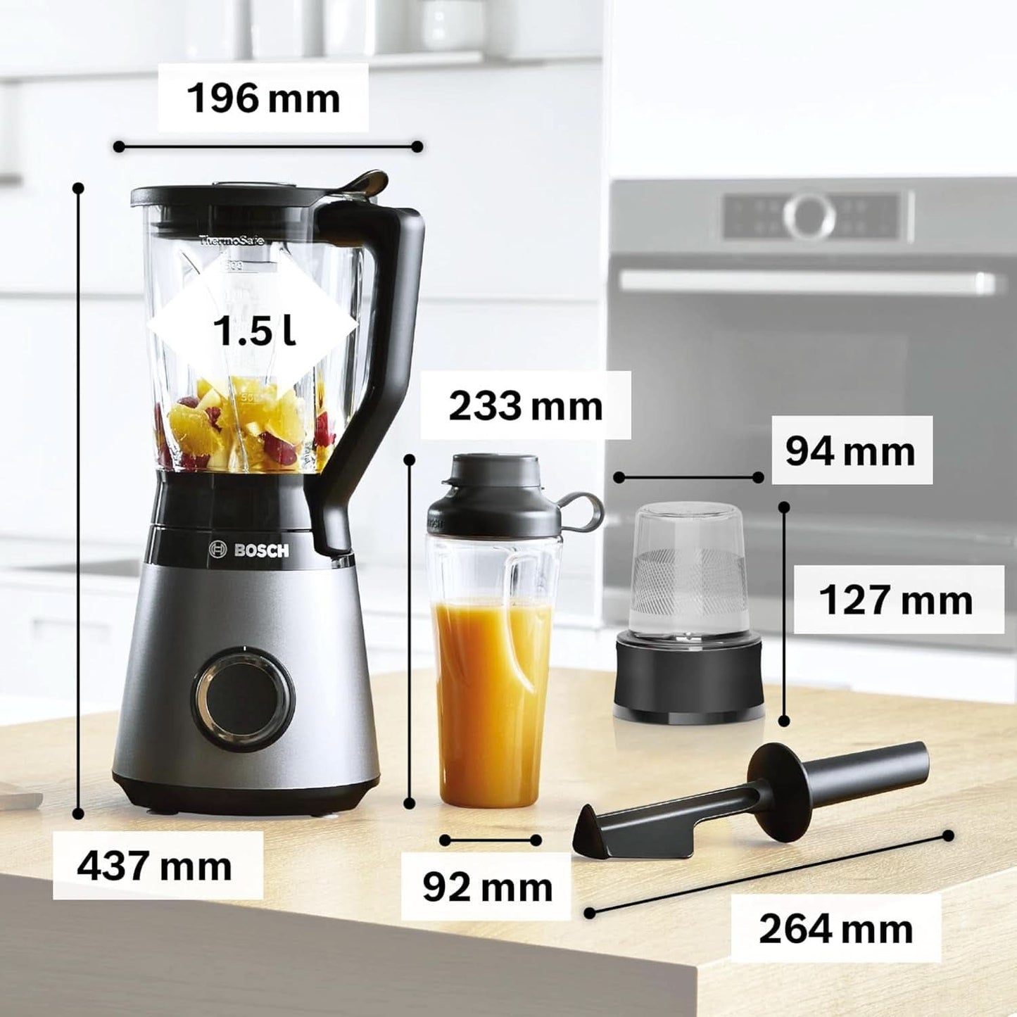 Robot da cucina Bosch Vitapower Serie 4 MMB6177S, Edelstahl-Klingen Made in Germany, bicchiere in vetro Thermosafe da 1,5 l, fiaschetta To-Go da 0,6 l, stopfer, zerkleinerer universale, 30.000 giri/min, 1200 W, Argento Kitchen Naty Shop