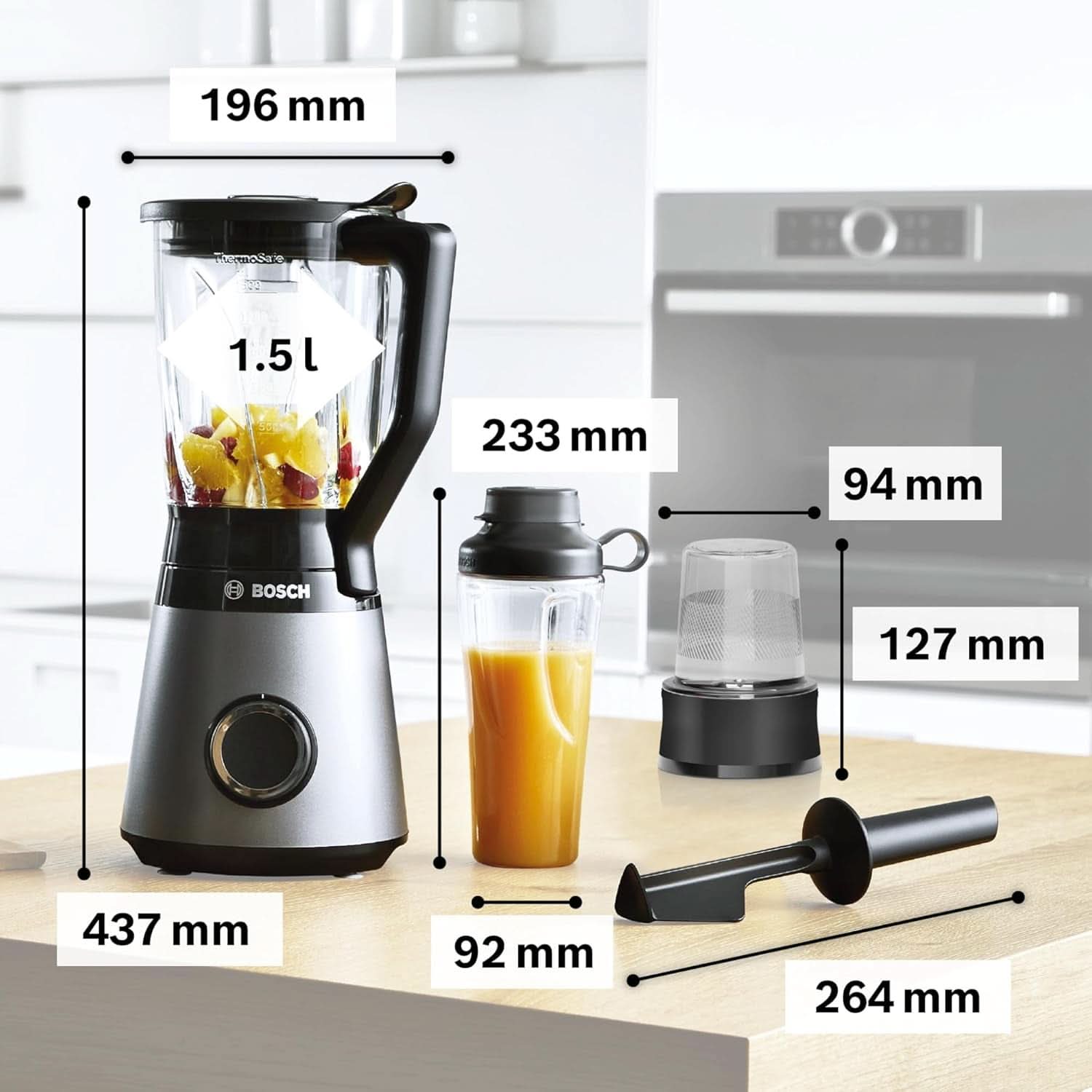 Robot da cucina Bosch Vitapower Serie 4 MMB6177S, Edelstahl-Klingen Made in Germany, bicchiere in vetro Thermosafe da 1,5 l, fiaschetta To-Go da 0,6 l, stopfer, zerkleinerer universale, 30.000 giri/min, 1200 W, Argento Kitchen Naty Shop