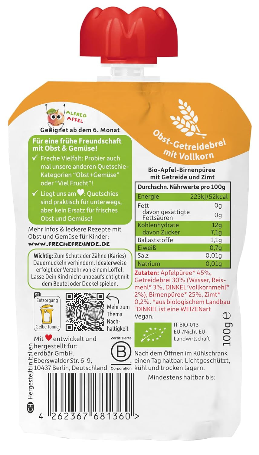 FRECHE FREUNDE Bustina di frutta biologica comprimibile Mela Cannella Pera Riso Farro Purea di frutta con cereali per bambini 6 mesi+ Vegan Confezione da 6 (6 x 100 g)