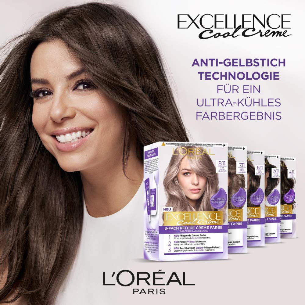 L'Oréal Paris Tintura permanente per capelli con risultato colore ultra cool, copertura del 100% dei capelli grigi, set con colorazione, shampoo e crema curativa, Excellence Cool Creme, N. 7.11 Tintura per capelli biondo medio ultra cool (Blond) Naty Shop