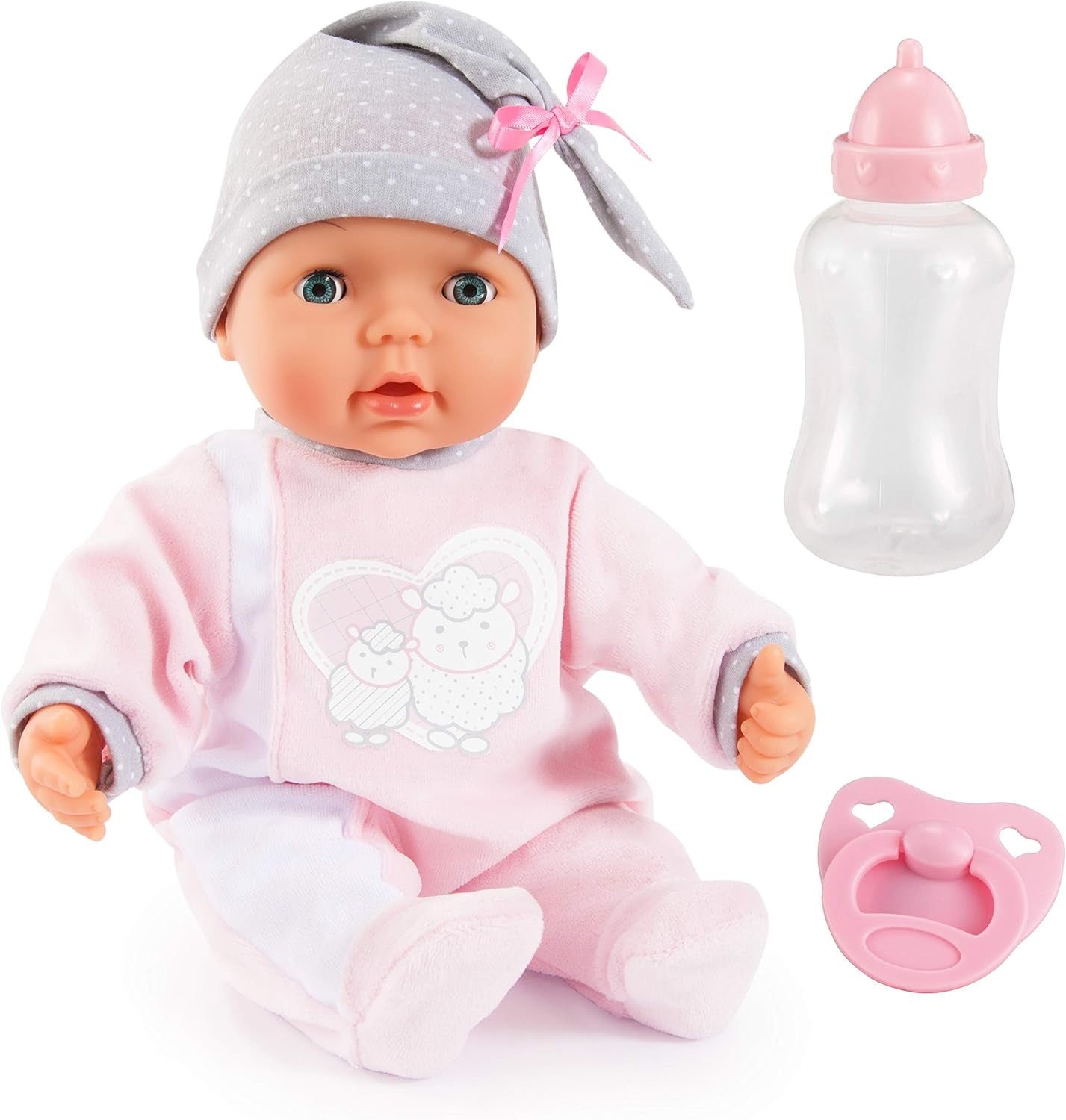 Bayer Design 93829AA La mia Piccolina bambola interattiva con funzione, Bambola parlante, Muove la bocca, 38 cm, Ciuccio, Biberon, Rosa, Grigio
