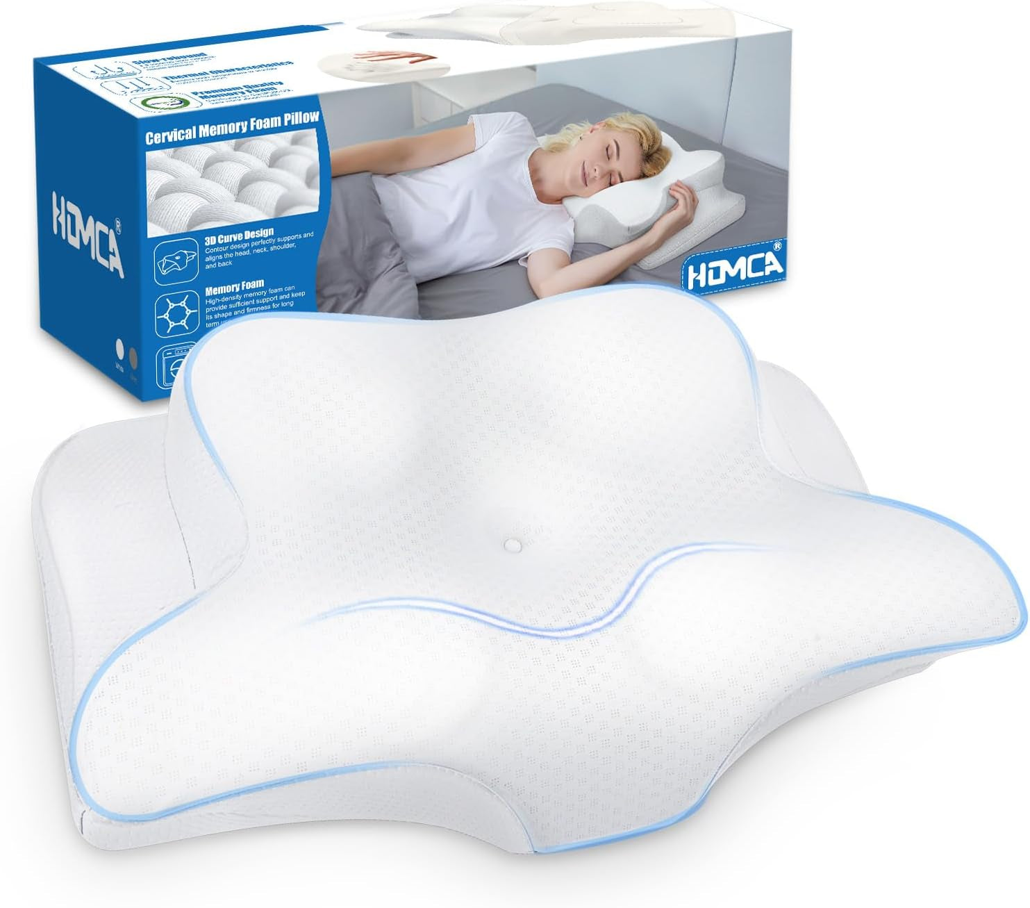 HOMCA Cuscino Collo, Cuscino ergonomico in Memory Foam Fodera per cuscino rinfrescante 3D per posizione supina, laterale o prona, 62 X 41 X 9,5/12,5 Cm Cuscini ortopedici cervicali Naty Shop Bianco