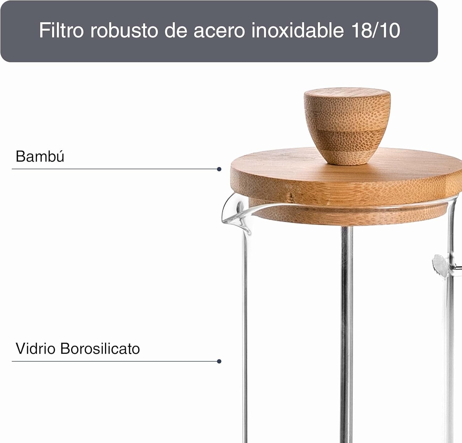 Caffettiera francese, Pressa per caffè, Caffettiera a stantuffo, Caffettiera con filtro francese, 3 tazze, 0,35 L, Acciaio e legno