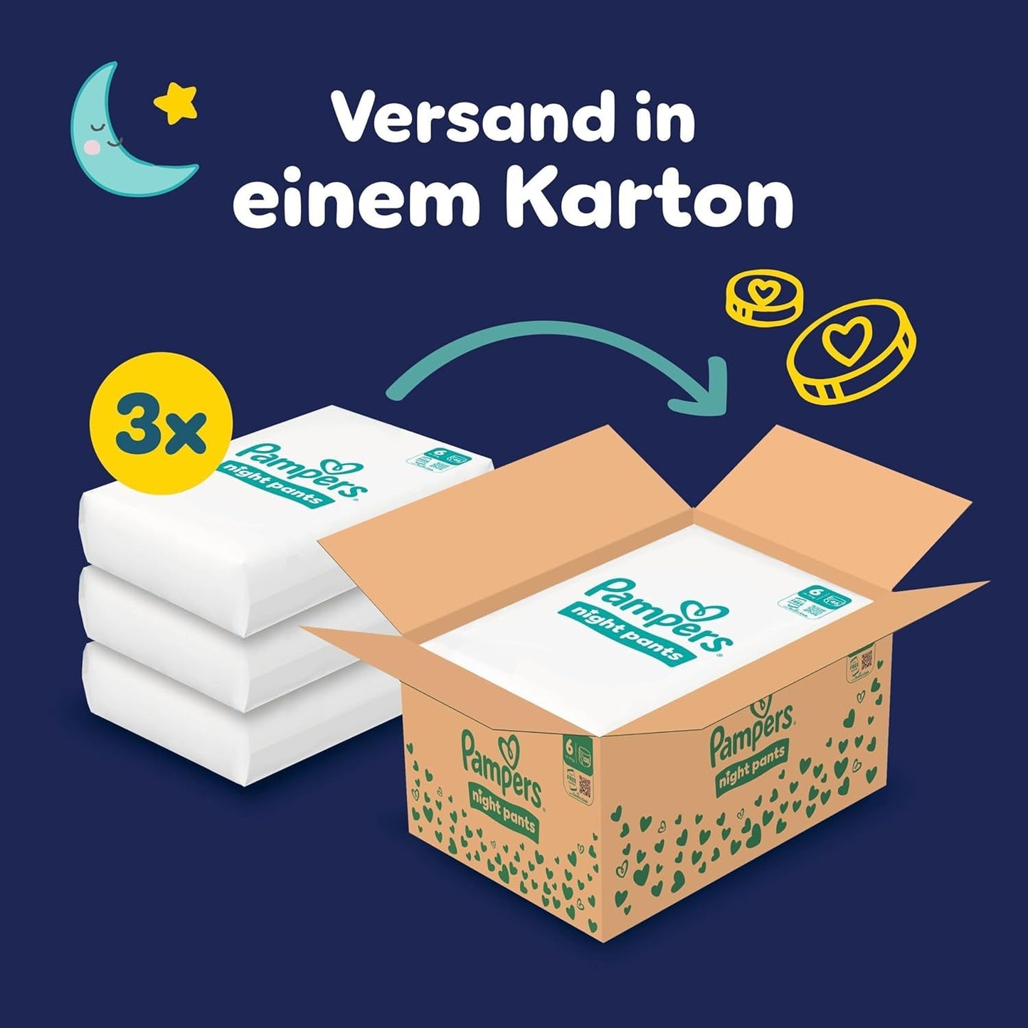 I pannolini Pampers Night Pants taglia 6, 138 pezzi, 13kg-19kg, forniscono una protezione extra per tutta la notte.