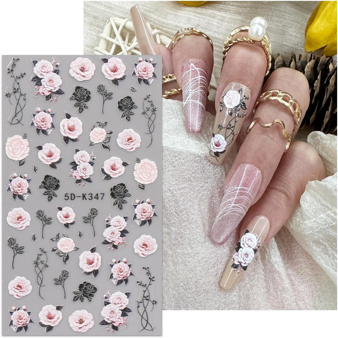 JMEOWIO 3D Nagelsticker Blumen Nail Art Sticker Selbstklebend Nagelaufkleber 5D Stereoscopico Frühling Sommer Dekoration Nageldesign Zubehör 4 Blatt