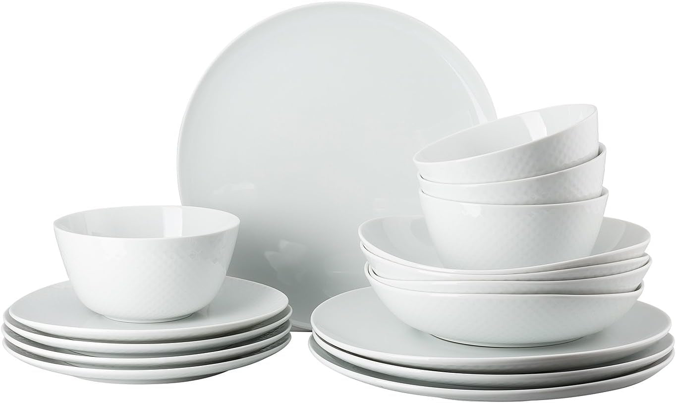 Servizio da tavola Rosenthal Junto White, porcellana, bianco, piatti piani, piatti piani Ø 22 cm, piatti piani Ø 21,5 cm e ciotole per cereali Ø 14 cm, 0,62 l, lavabili in lavastoviglie e adatti al microonde, set per 4