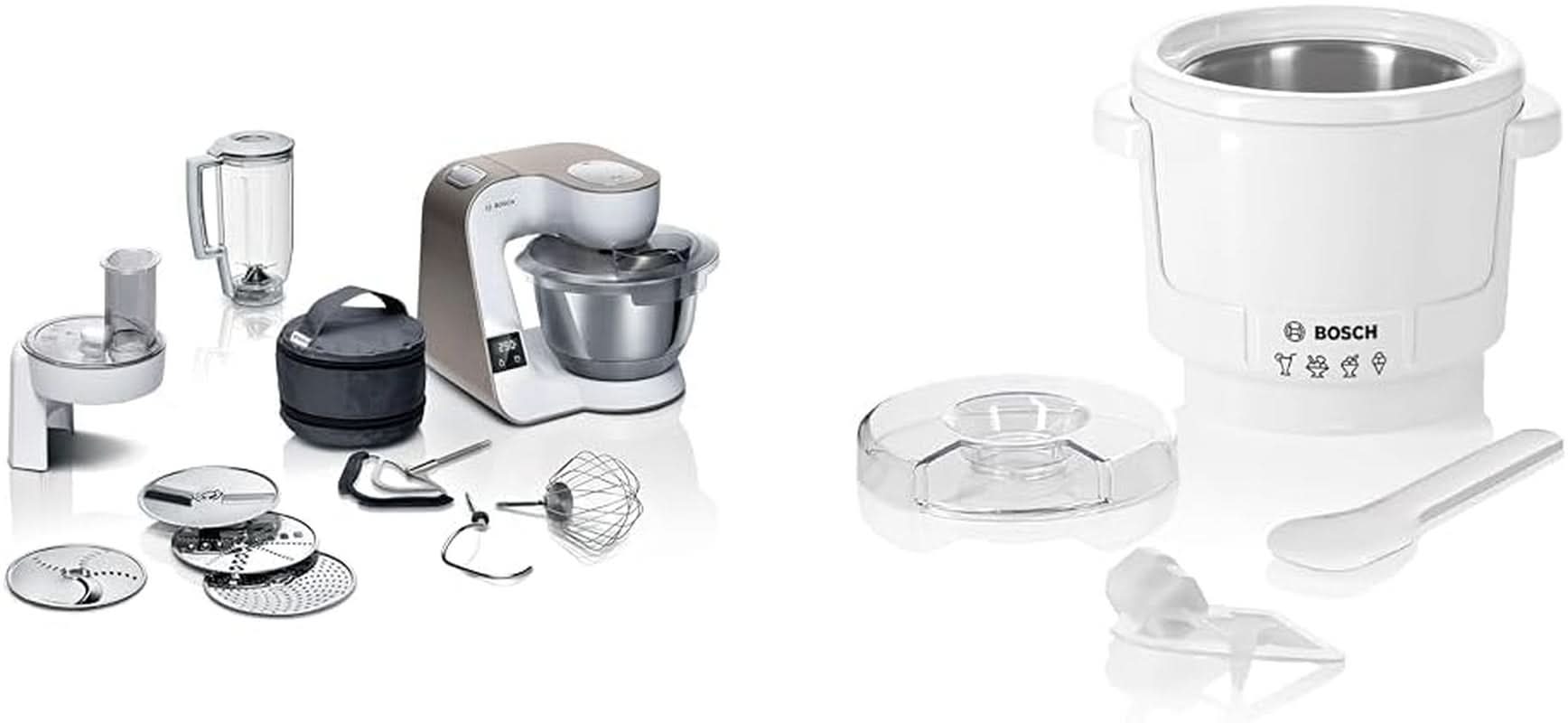 Robot da cucina Bosch Serie 4 MUM5X720, bilancia integrata, ciotola inox 3,9L, mixer 1,25L, 1000W Accessori Alimenti e Allattamento Bebe Naty Shop Confezione con fabbricatore di ghiaccio Champagne Bianco 2 accessori