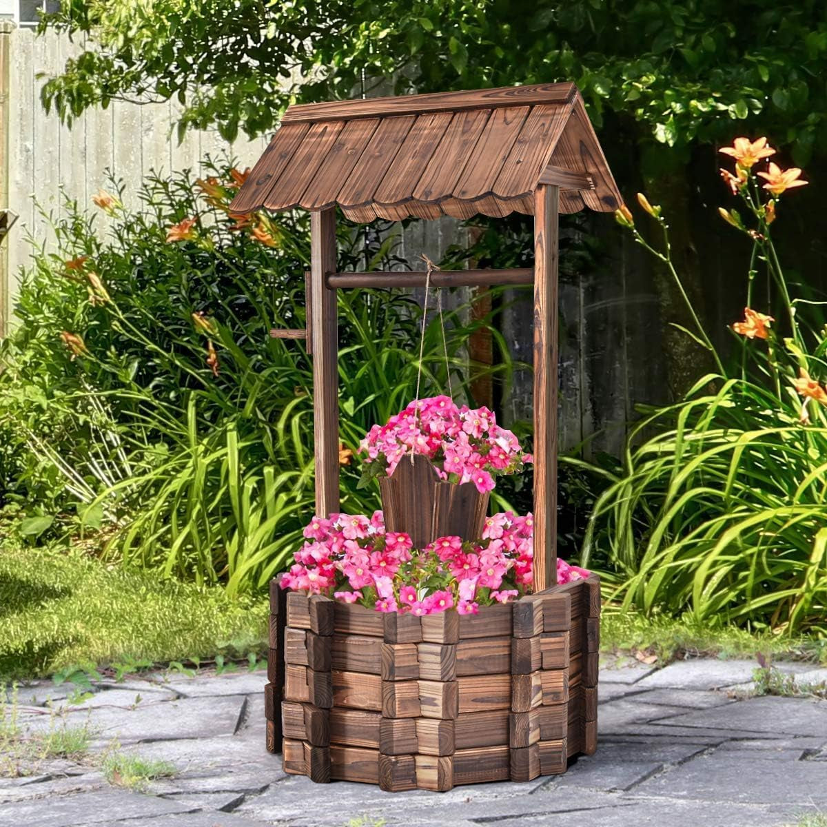 Fontana in legno 56x56x114cm con tetto, Pozzo dei desideri, Decorazione del giardino, Vasi da fiori, Fontana decorativa, Vasi da fiori, Marrone