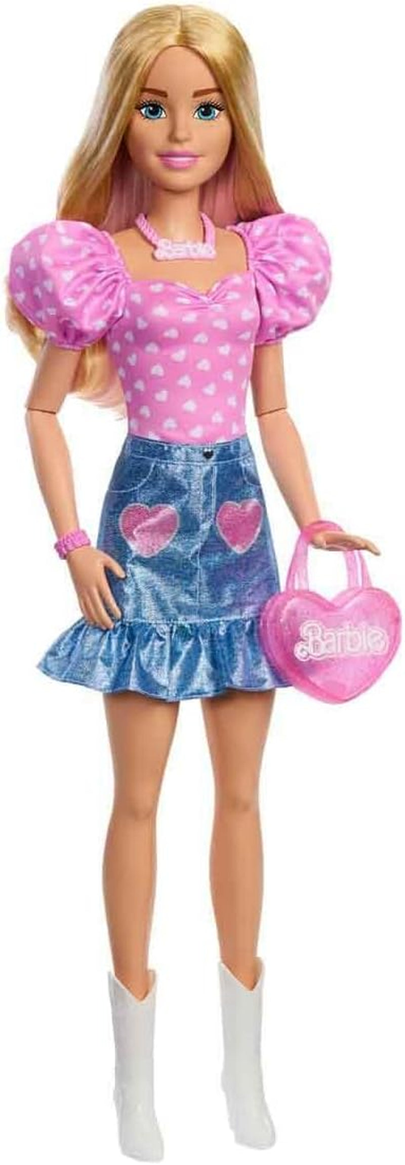 Bambola Barbie alla moda da 71 cm bionda con vestiti staccabili top rosa gonna di jeans stivali da cowboy collana e borsa HYT84