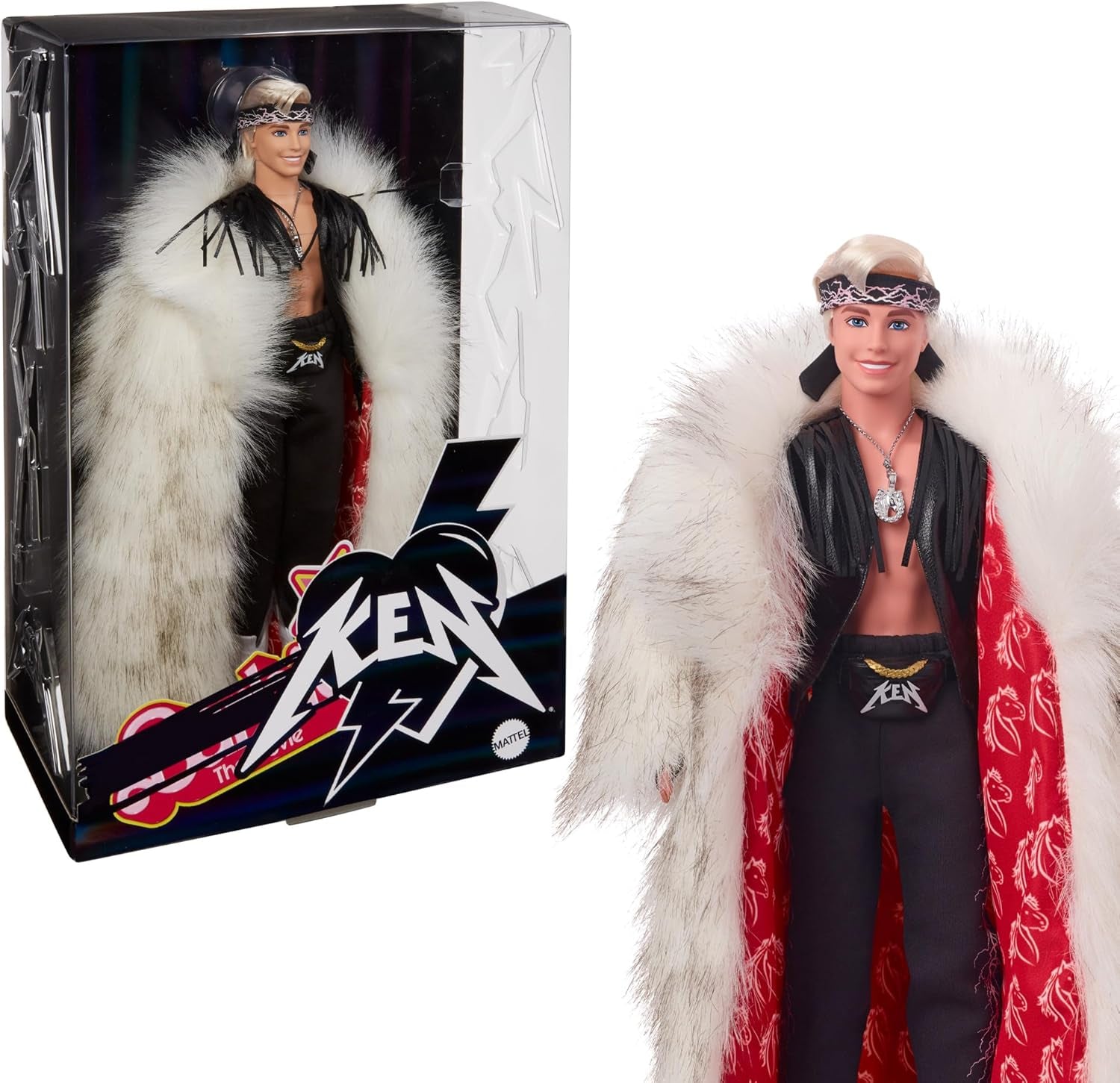 Barbie The Movie, bambola Ken da collezione che indossa un grande cappotto in pelliccia sintetica e un gilet con frange nere con bandana, HRF31
