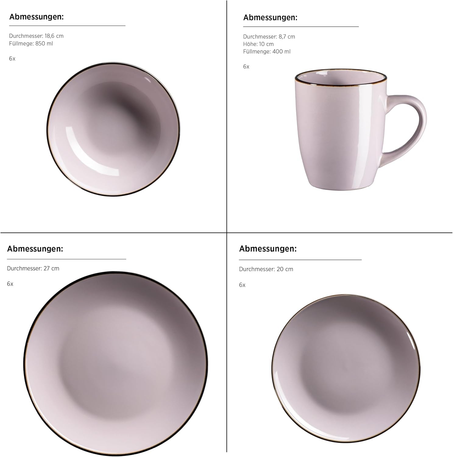 Set di stoviglie moderno per 6 persone con bordo in ottone, servizio combinato a forma di tazza senza bordo da 24 pezzi, lavanda