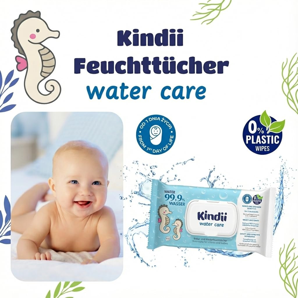 Salviettine umidificate Kindii Water Care - Aqua Baby Wipes - 100% viscosa, 99,9% acqua, estratto di pompelmo, dimensioni sciarpa 150x200, 100% biodegradabile, senza plastica, salviette detergenti per pelli sensibili