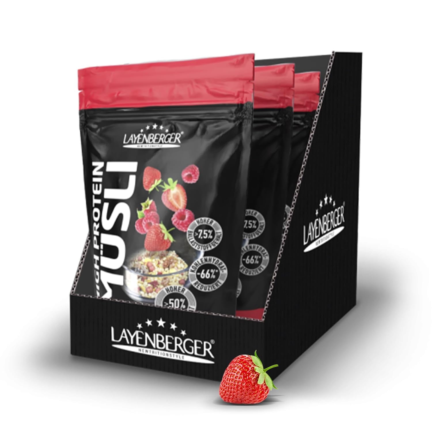 Layenberger 3K High Protein Müsli, 50% Eiweiß e 18% Kohlenidrato - Confezione singola (1X 390 G) - Schoko-Nuss Cereale Naty Shop 1.08 Kg (1 confezione) Rote Beeren Mix