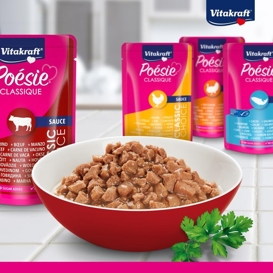 Vitakraft Poésie Classique, cibo umido per gatti, cibo per gatti in salsa, con pollo, con tacchino, con manzo, con salmone, senza zuccheri aggiunti e cereali (1 confezione da 12 x 85g)