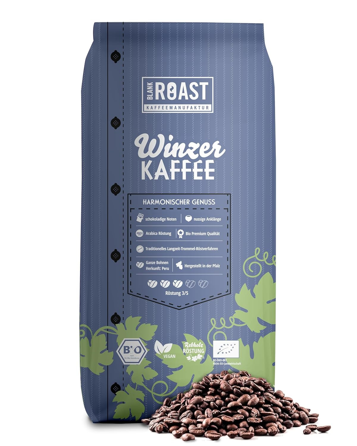 Blank Roast - BIO Winzer Kaffee 1000g - schonend mit Pfälzer Rebholz geröstet - ganze Kaffee-Bohnen aus Perù - 100% Arabica Röstung - schokoladig & nutig - säurearm