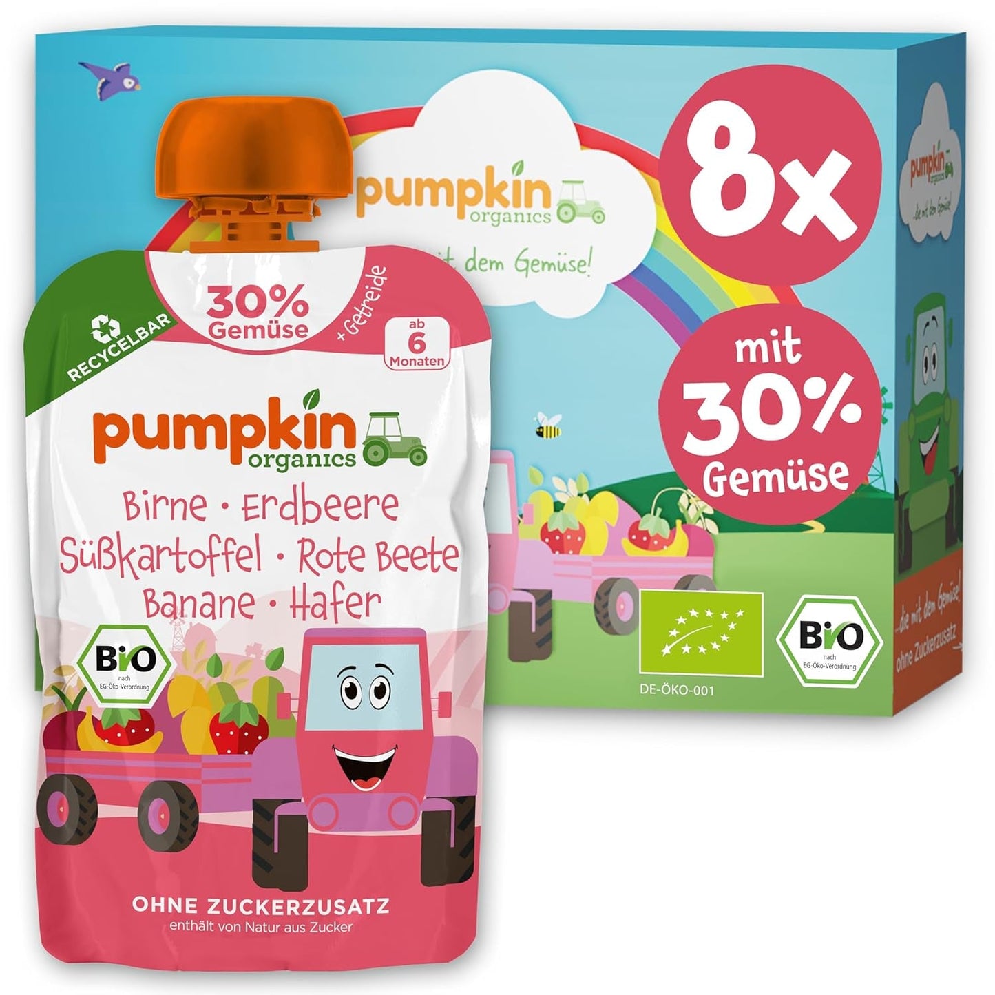 Pumpkin Organics buste di verdure e cereali biologici, confezione da 8: Pera, Fragole, Patate dolci, Barbabietola rossa, Banana, Avena - Senza zuccheri aggiunti¹ - Dai 6 mesi - come spuntino o alimento complementare nella confezione (8 x 100g)