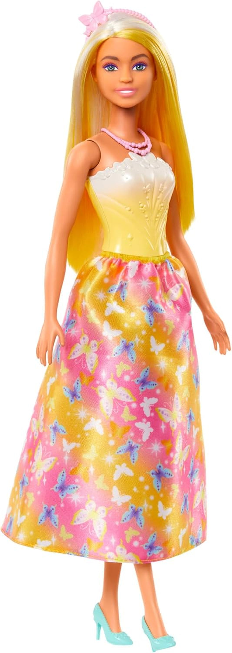 Barbie Royal Doll con capelli fantasia, ciocche colorate, accessori colorati, top giallo sfumato e gonna a farfalla, HRR09 Naty Shop Dolls Titolo predefinito