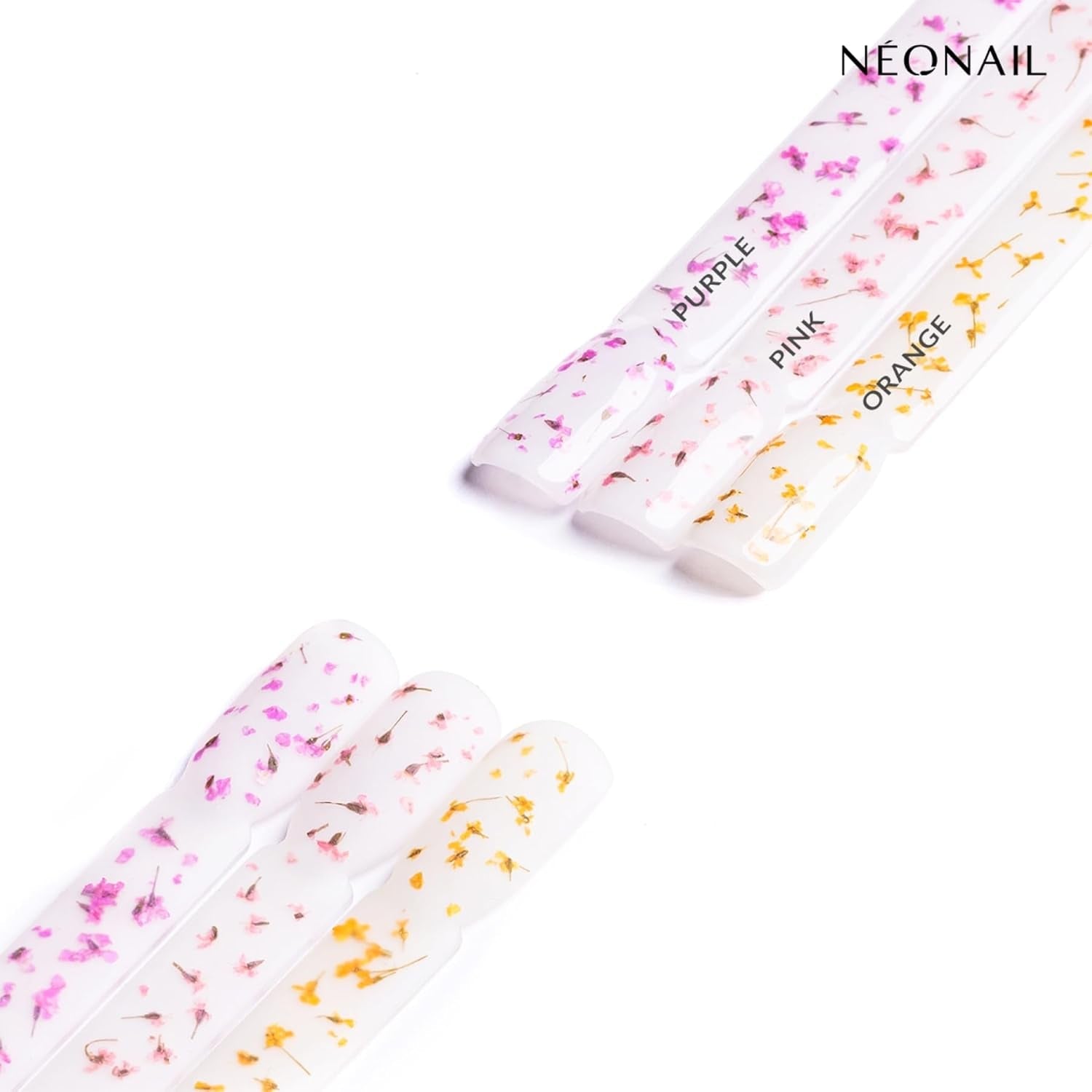 NÉONAIL Nail Art Flowers Set - Trockenblumen - Getrocknete Blumen - Nageldesign Zubehör - Nageldekorationen - Getrocknete Blüten - Decorazione per unghie - Gelnägel Zubehör - 3 Farben - Rosa, Lila, Arancione