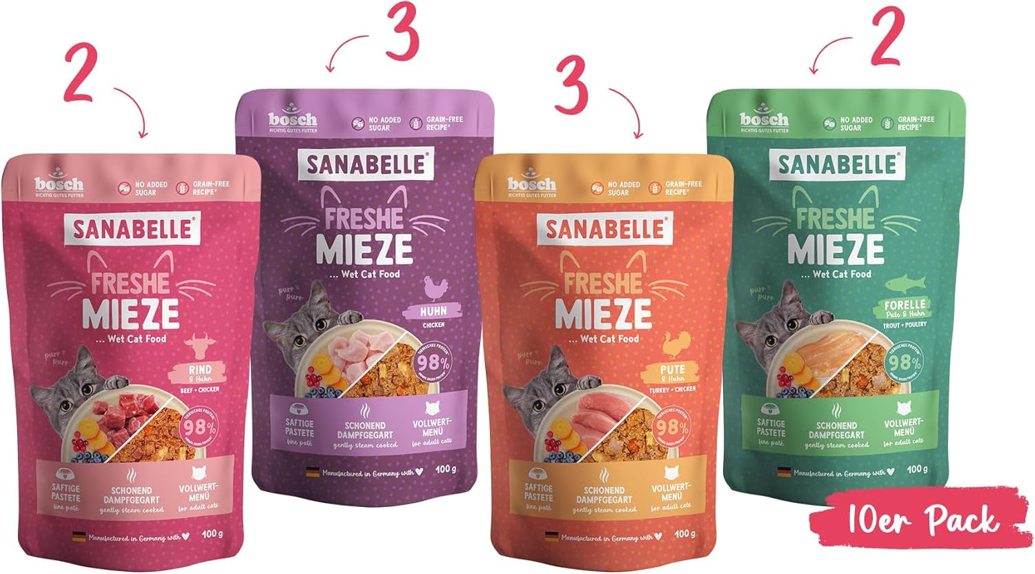 Sanabelle Freshe Mieze - Vassoio Mix | Confezione mista da 10 x 100 g | 4 deliziose varietà di cibo per gatti da provare | Cibo umido per gatti cotto a vapore, proprio come appena cucinato