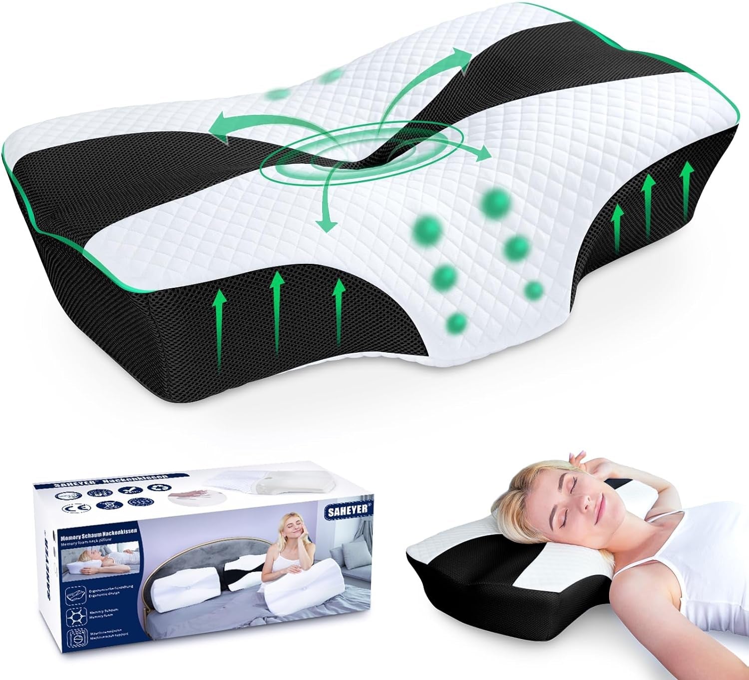 SAHEYER cuscino ortopedico cuscino di sostegno per il collo cuscino per la testa cuscino ergonomico per il collo cuscino per chi dorme sul fianco 60 X 40 X 13/11 cm cuscino in memory foam per chi dorme sul fianco schiena e stomaco Cuscini ortopedici cervicali Naty Shop Nero