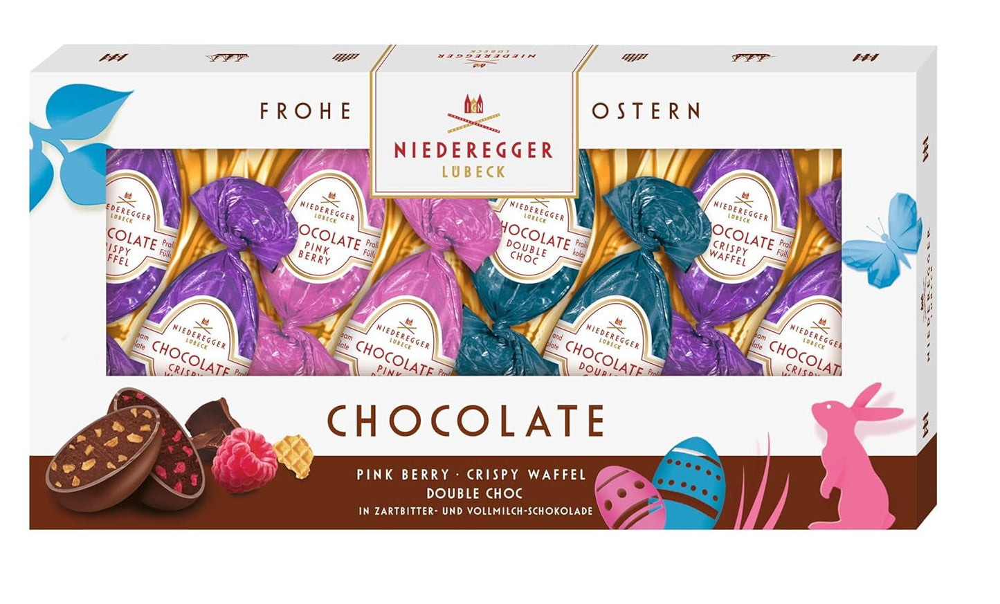 Niederegger | Uova Di Cioccolato | 1x100 g | Uova di cioccolato al gusto di frutti rosa, wafer croccante e doppio cioccolato | Ricoperto di cioccolato fondente e al latte | Regalo di Pasqua | Uova di cioccolato