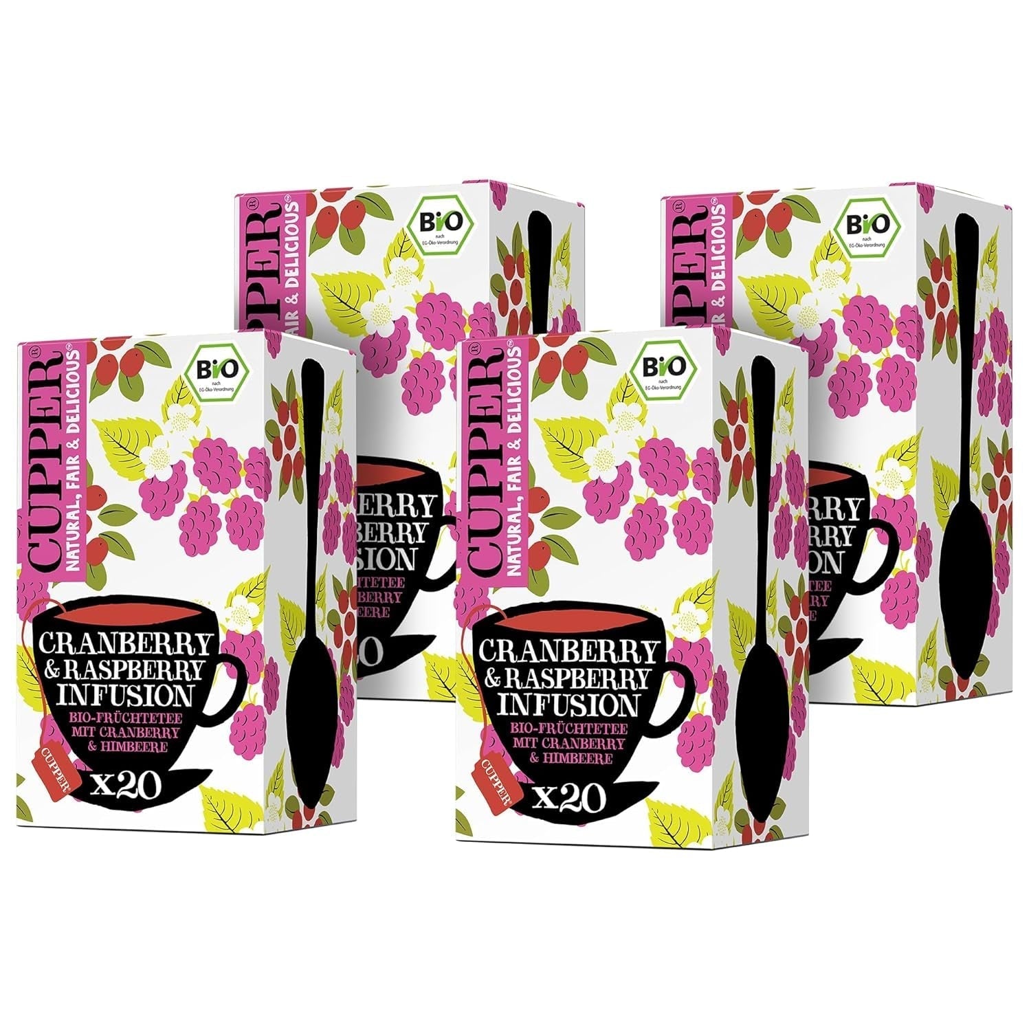 4Er Pack CUPPER Tè alla frutta biologico "Infuso di mirtillo rosso e lampone", 4X20 bustine di tè non bianco, biologico, commercio equo e solidale