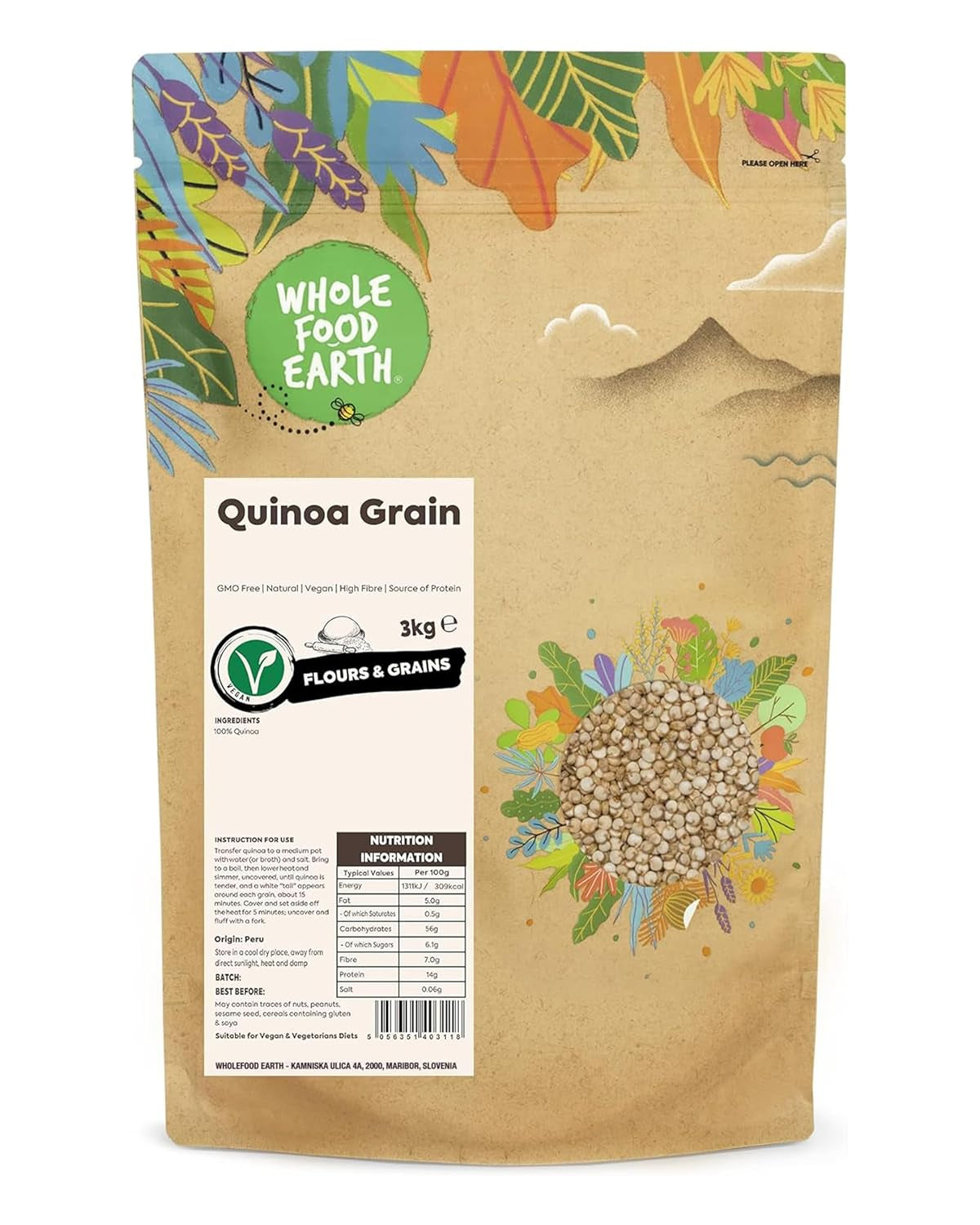 Grani di quinoa Wholefood Earth - non OGM - naturale - vegano - senza latticini - senza zuccheri aggiunti - 3 kg