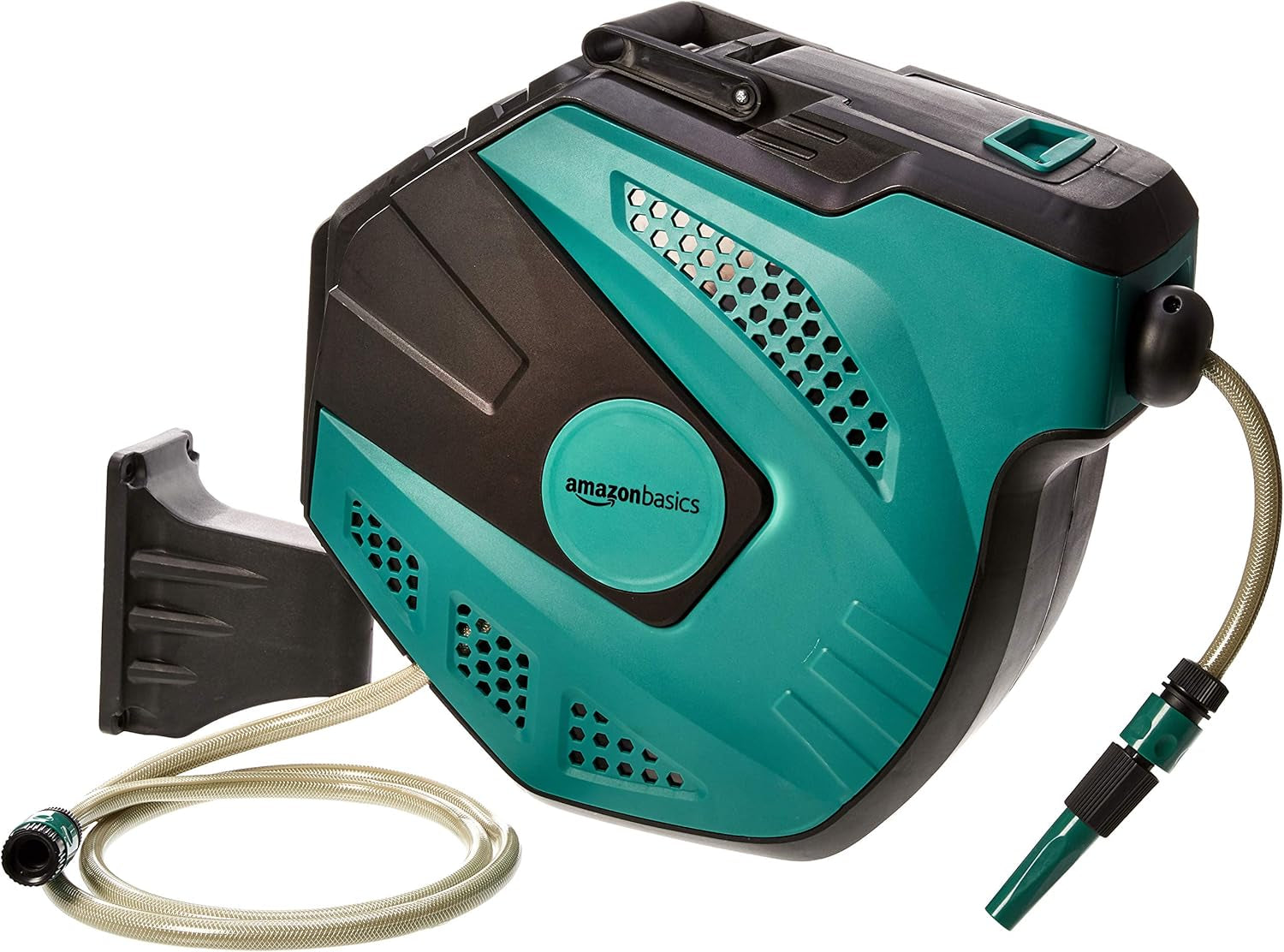Avvolgitubo da parete Amazon Basics con tubo, a carica automatica, 15 m, verde navy, nero