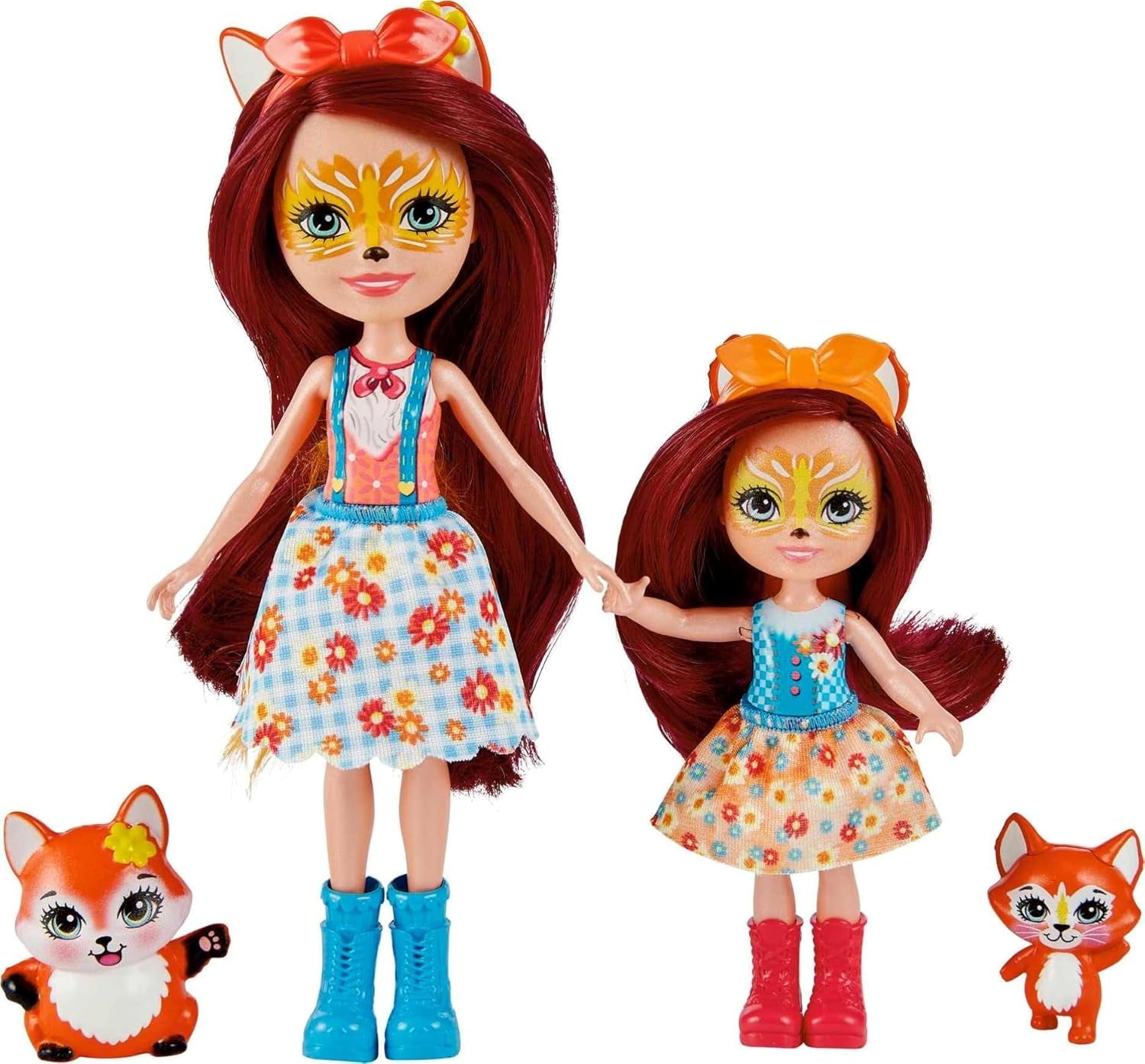 Enchantimals HCF81 - Felicity Fox e la sua sorellina (circa 15 cm e circa 10 cm) e 2 figure di animali, gonna staccabile e accessori, ottimo regalo per bambini dai 3 anni in su