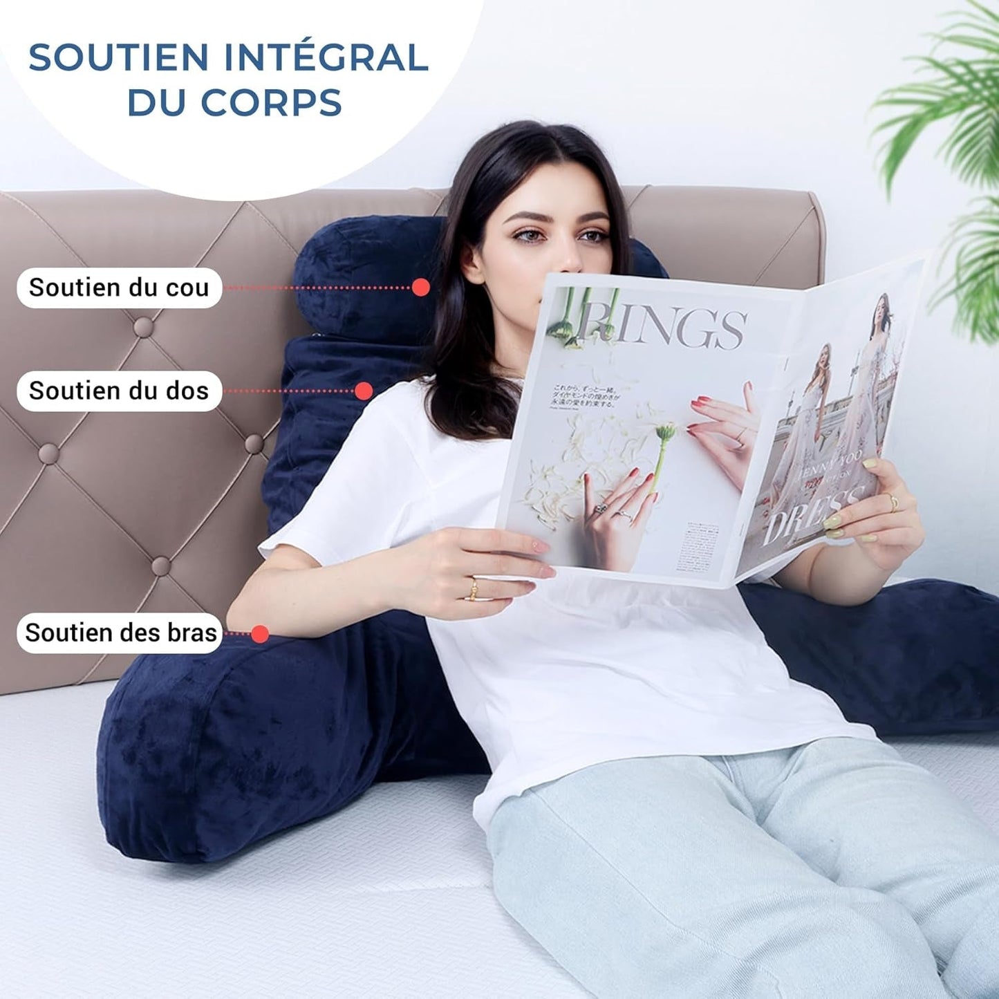 INFANZIA cuscino da lettura con braccioli, memory foam, supporto ergonomico per divano e letto, blu navy