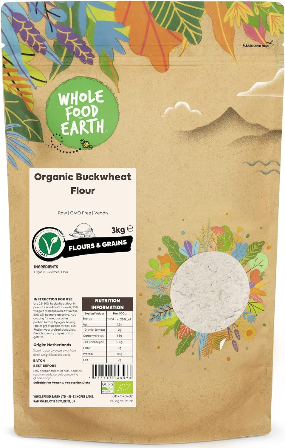 Wholefood Earth Farina Di Grano Saraceno Biologica 1kg | Crudele | Non OGM | Vegano | Certificato biologico