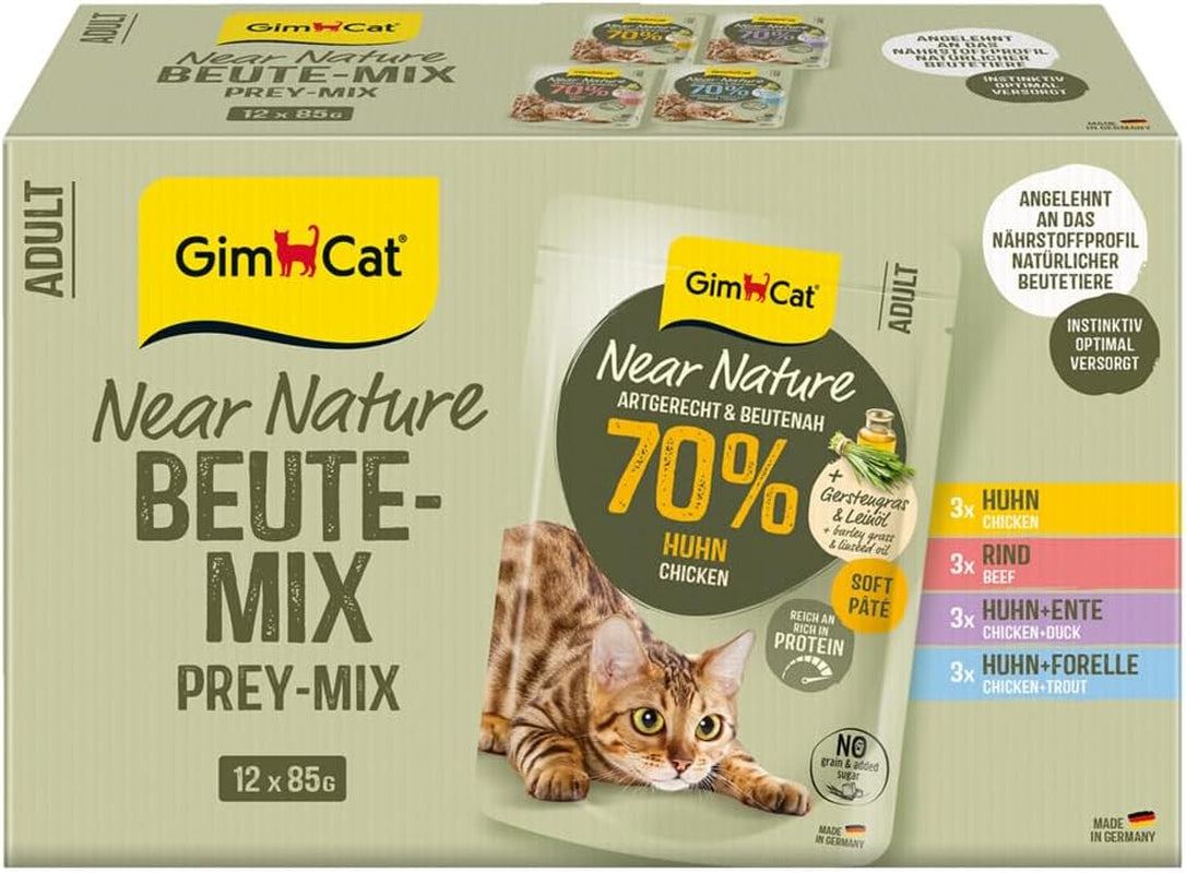 GimCat Near Nature Trial Mix Confezione da 12 - Alimento umido senza cereali per gatti a partire da 7 mesi con una ricetta specifica per la specie e la preda - 12 bustine (12 x 85 g)