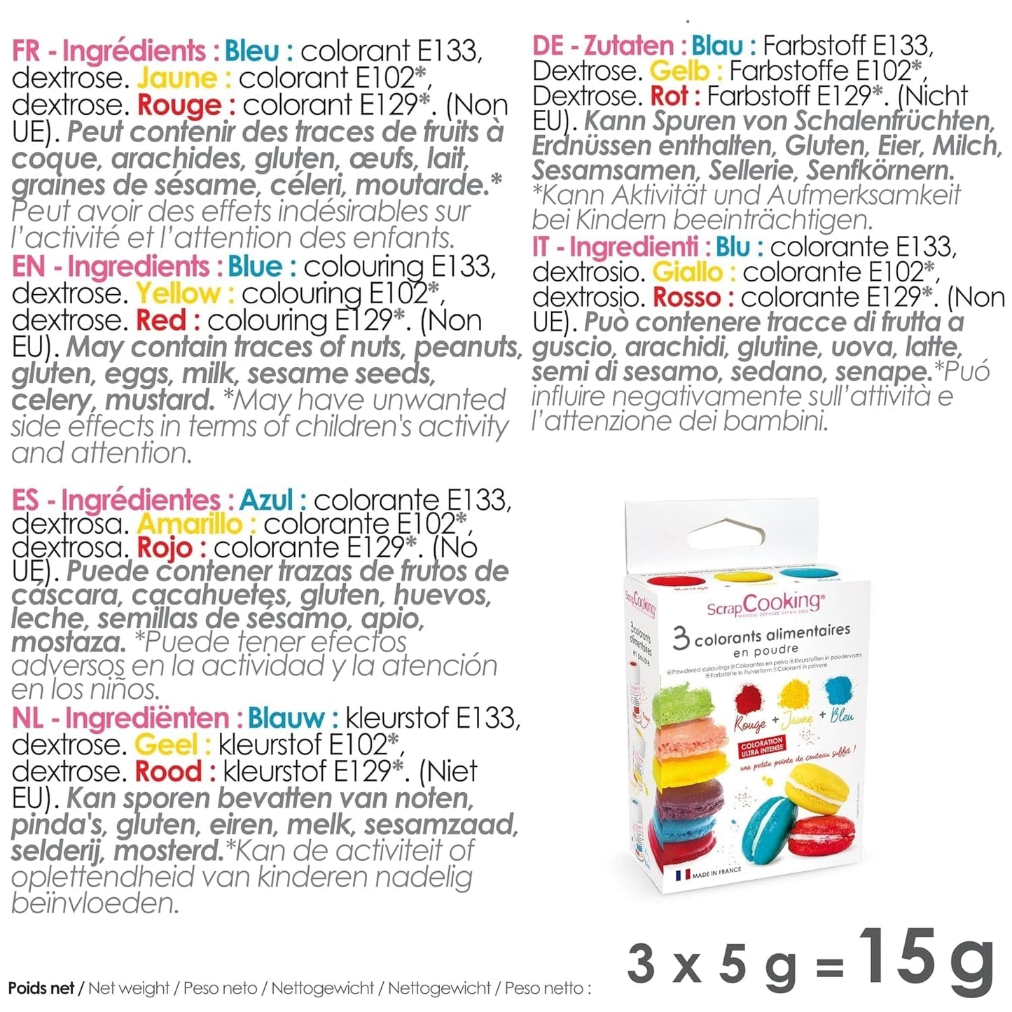 Scrapcooking - Set di 3 coloranti alimentari in polvere - Rosso Giallo Blu - Colorante alimentare per dolci, torte, biscotti, pasta, fondente, torta arcobaleno - 4011