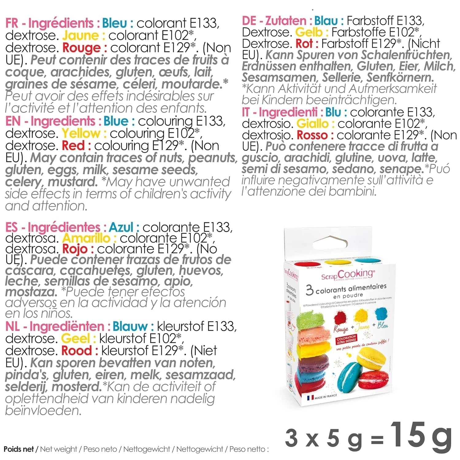Scrapcooking - Set di 3 coloranti alimentari in polvere - Rosso Giallo Blu - Colorante alimentare per dolci, torte, biscotti, pasta, fondente, torta arcobaleno - 4011