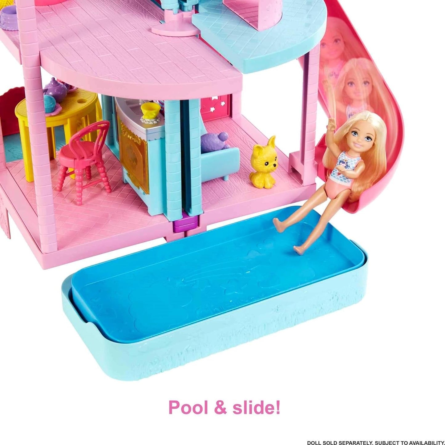 Barbie Chelsea Playhouse - 3 piani trasformabili, aree gioco segrete, ascensore, piscina, scivolo, 2 animali domestici e oltre 20 accessori, per bambini dai 3 anni in su, HHX44 Naty Shop Dollhouses