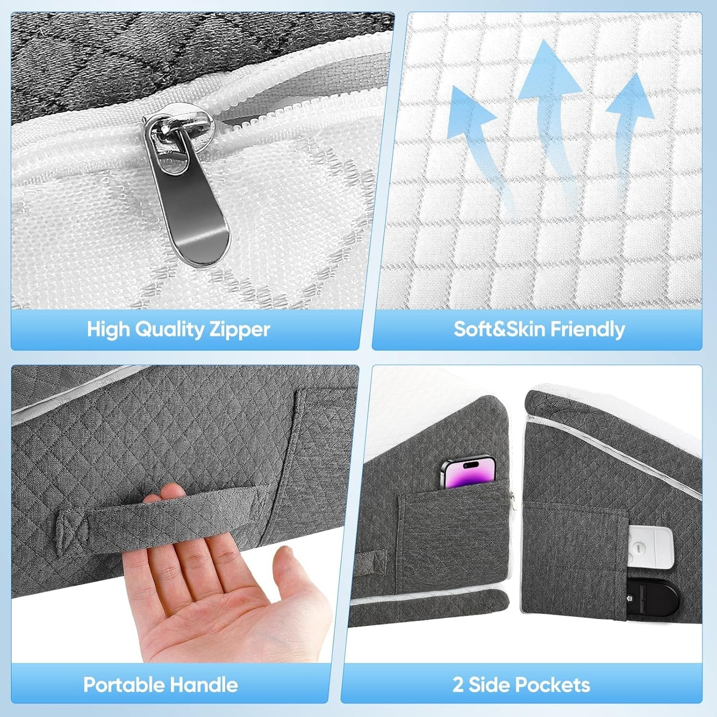 Cuscino in piuma per letto e divano, L50xP50xH26 Cuscino da lettura doppio con fodera lavabile, memory foam, per russare e per un maggiore comfort nella zona del collo e della schiena