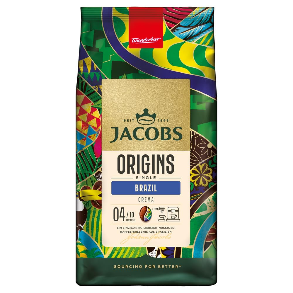 Jacobs Kaffeebohnen Origins Brazil, delicate-nutsiger Geschmack aus Brasilien, geröstet in Bremen, Intensität 4/10, Kaffee ganze Bohnen, 1 kg
