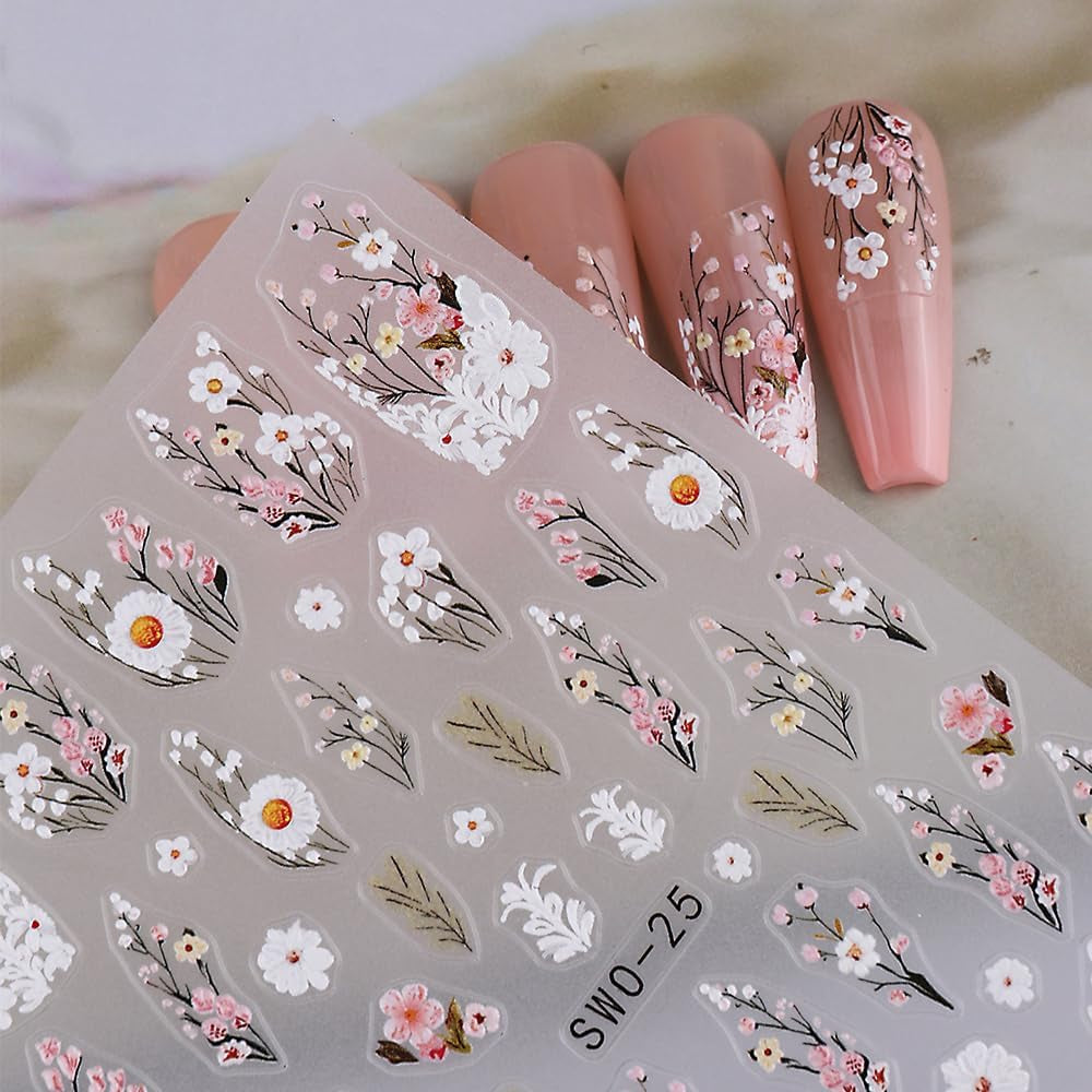 Adesivi per unghie con fiori di prugna, Adesivi per unghie con fiori bianchi e rosa, Adesivi per unghie con fiori in rilievo, Adesivi per unghie con fiori primaverili ed estivi, Disegni per unghie, Accessori per unghie, Nail Art