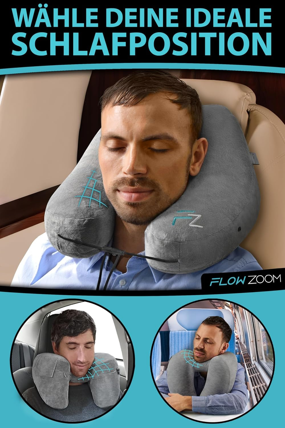 FLOWZOOM AIR Cuscino cervicale gonfiabile con cappuccio - Cuscino cervicale da aereo - Cuscino da viaggio - Cuscino cervicale da viaggio gonfiabile rapido - Cuscino aereo - Cuscino da viaggio - Cuscino cervicale per adulti (Grigio) Cuscini ortopedici cervicali Naty Shop