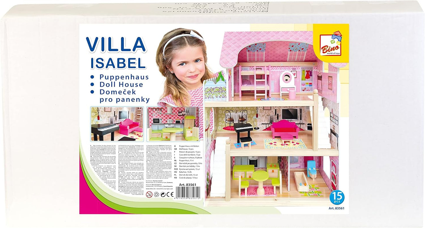 Bino World of Toys Casa delle bambole con balcone, giocattolo per bambini a partire da 3 anni, con 3 piani, scale, 4 stanze e balcone incl. 15-TLG. Accessori, Per promuovere le abilità dei bambini, Case delle bambole Naty Shop dal design rosa