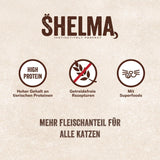 Shelma Cibo umido per gatti Megapack con manzo, tacchino, pollo e anatra - Alimento completo senza cereali ad alto contenuto di carne - 40 x 85 g (3,4 kg)