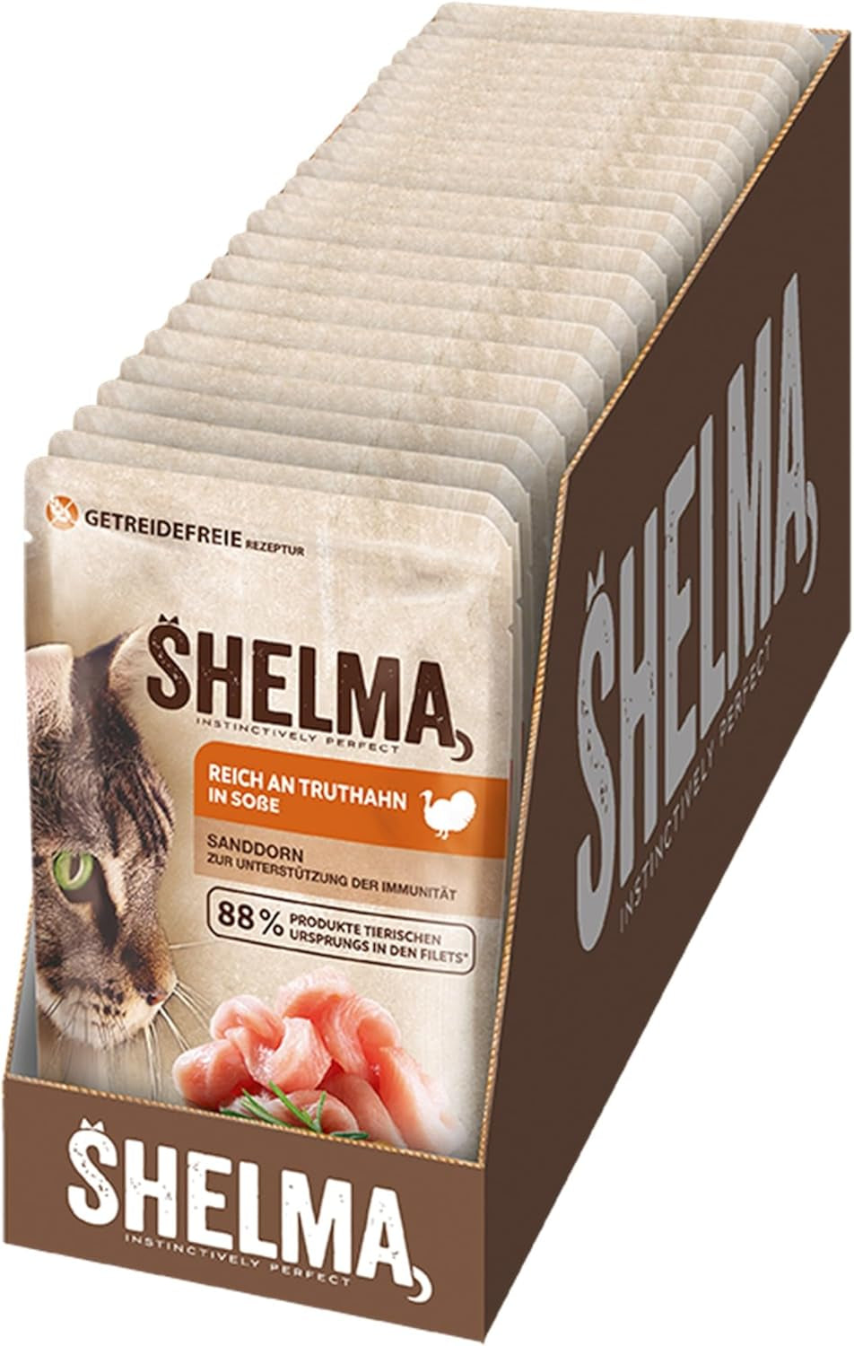 Shelma Cibo umido per gatti con tacchino in salsa di pomodoro ed erbe aromatiche - Alimento completo senza cereali con alto contenuto di carne - 28 x 85 g (2,38 kg)