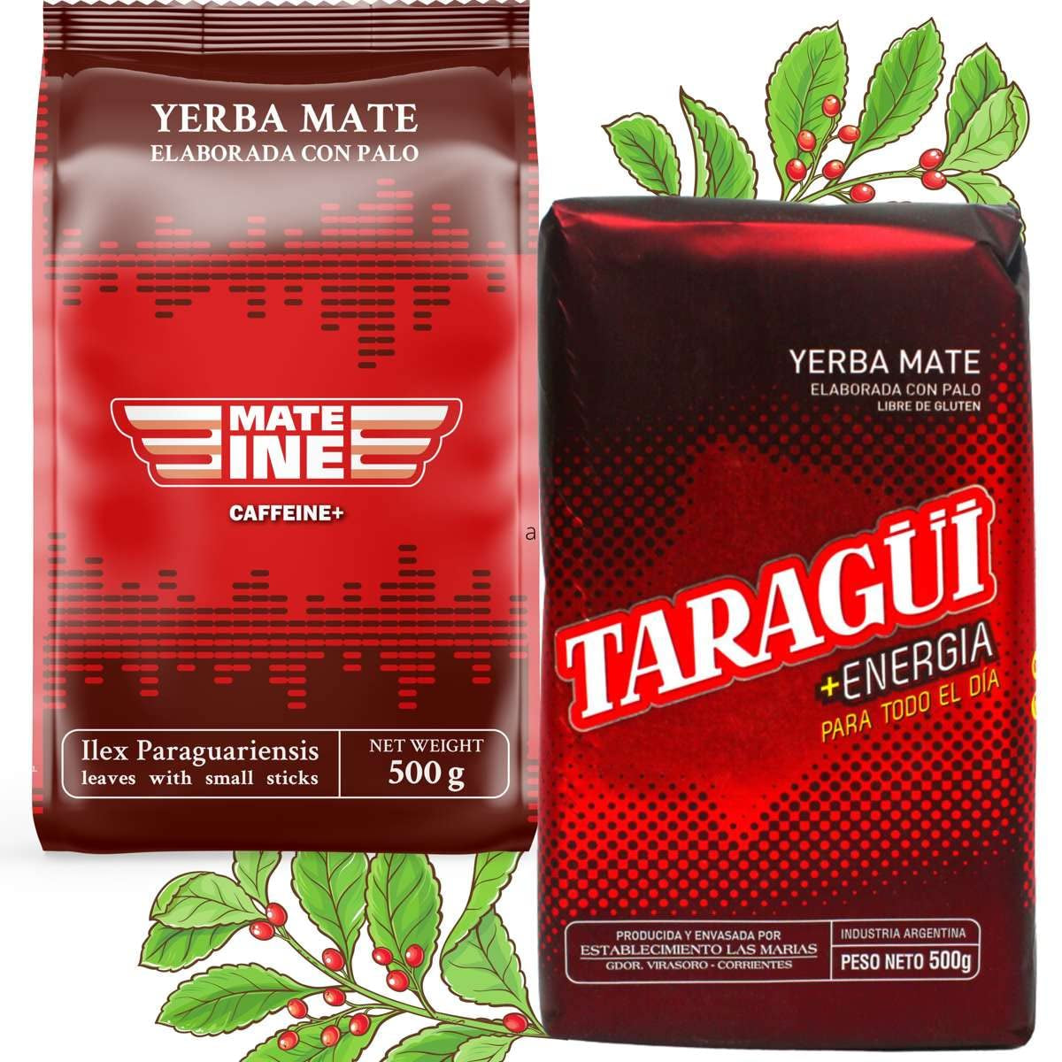 Set da tè Mate Energy Caffeina | Tè energetico Yerba Mate Taragui 500 g | Tè alla caffeina | Alternativa alle bevande contenenti caffeina ed energetiche | Tè Yerba Mate a foglie intere 1 kg